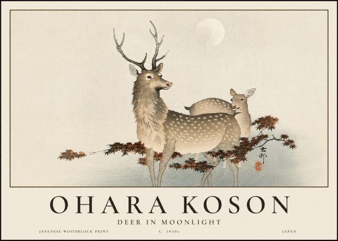 Ohara Koson Deer in Moonlight No3 - Juliste