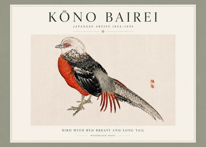 Kōno Bairei Bird with Red Breast and Long Tail No3 - Juliste