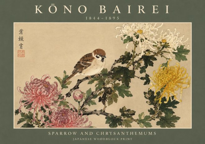 Kōno Bairei Sparrow and Chrysanthemums No2 - Juliste