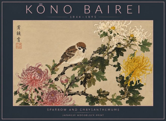 Kōno Bairei Sparrow and Chrysanthemums No4 - Juliste