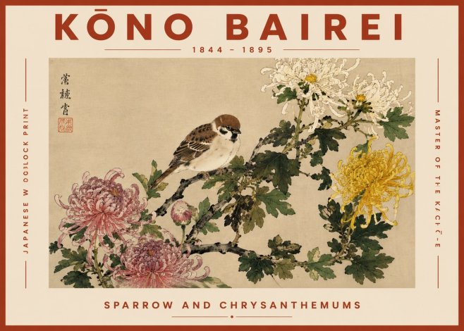 Kōno Bairei Sparrow and Chrysanthemums No6 - Juliste