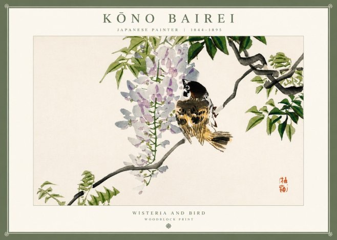 Kōno Bairei Wisteria and Bird No1 - Juliste