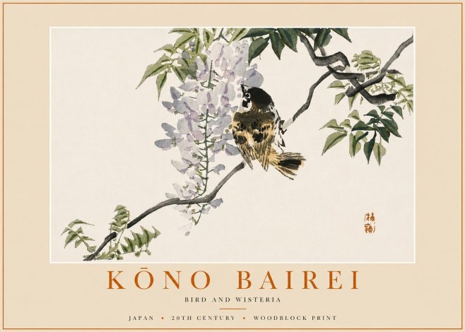 Kōno Bairei Wisteria and Bird No6 - Juliste