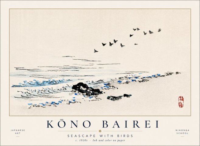 Kōno Bairei Seascape with Birds No1 - Juliste