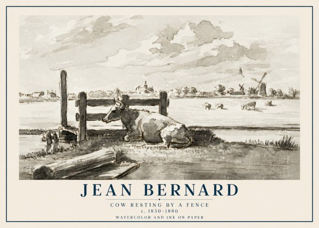 Jean Bernard Cow Resting by a Fence No2 - Juliste