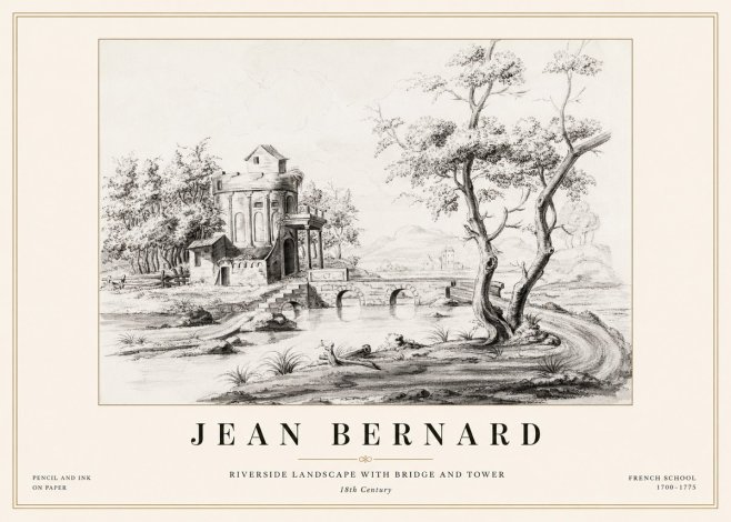 Jean Bernard Riverside Landscape with Bridge and Tower No1 - Juliste
