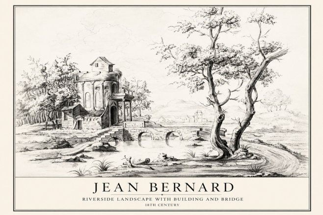 Jean Bernard Riverside Landscape with Bridge and Tower No4 - Juliste