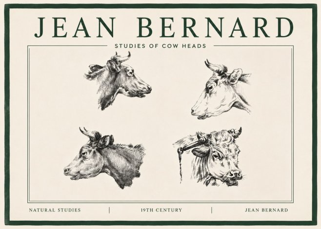 Jean Bernard Studies of Cattle - Four Heads No4 - Juliste