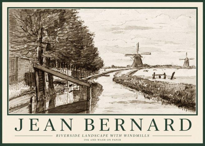 Jean Bernard Riverside Landscape with Windmills No1 - Juliste