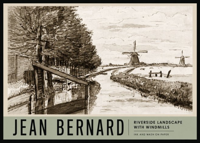 Jean Bernard Riverside Landscape with Windmills No3 - Juliste