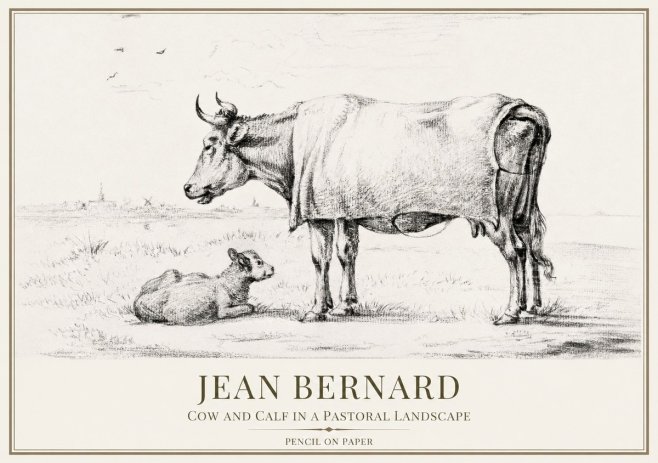 Jean Bernard Cow and Calf in a Pastoral Landscape No1 - Juliste