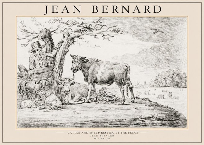 Jean Bernard Cattle and Sheep Resting by the Fence No1 - Juliste