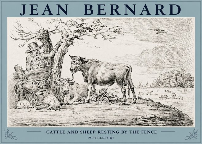 Jean Bernard Cattle and Sheep Resting by the Fence No3 - Juliste