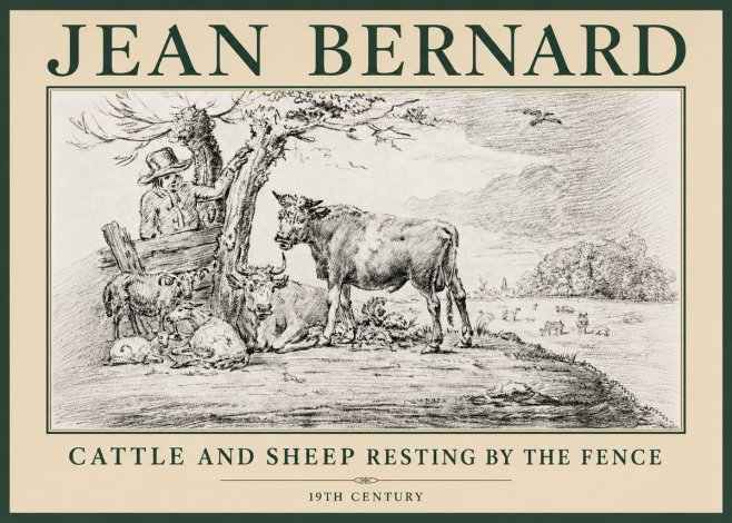 Jean Bernard Cattle and Sheep Resting by the Fence No4 - Juliste