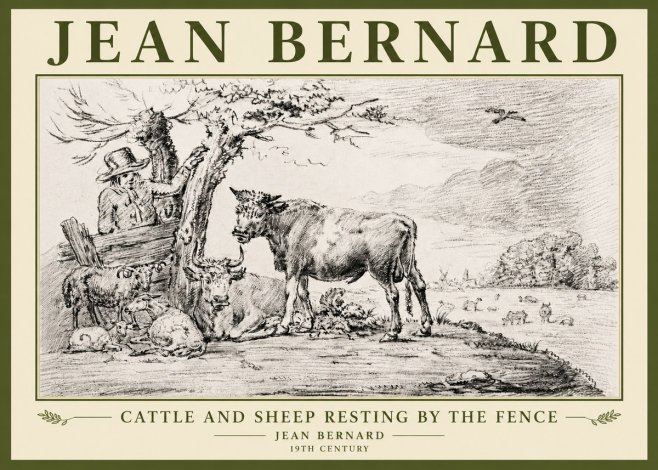 Jean Bernard Cattle and Sheep Resting by the Fence No5 - Juliste