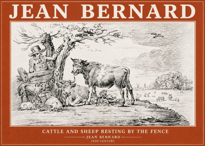 Jean Bernard Cattle and Sheep Resting by the Fence No6 - Juliste