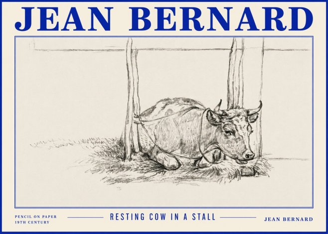 Jean Bernard Resting Cow in a Stall No4 - Juliste