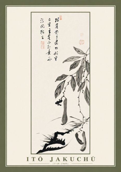 Itō Jakuchū Branch with Pods and Calligraphy No2 - Juliste