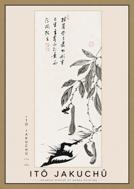 Itō Jakuchū Branch with Pods and Calligraphy No3 - Juliste