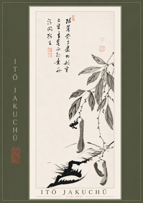 Itō Jakuchū Branch with Pods and Calligraphy No4 - Juliste