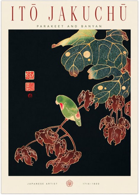 Itō Jakuchū Parakeet and Banyan No1 - Juliste
