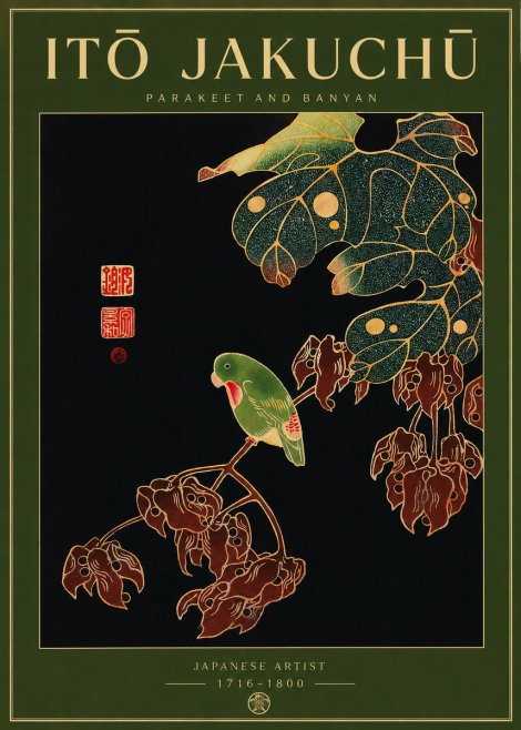 Itō Jakuchū Parakeet and Banyan No2 - Juliste