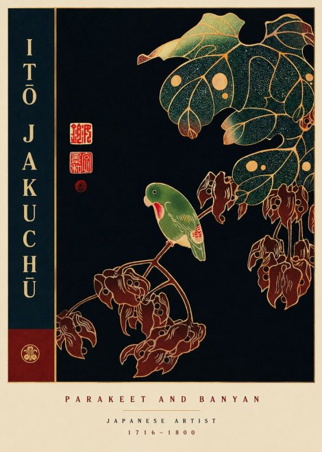 Itō Jakuchū Parakeet and Banyan No6 - Juliste