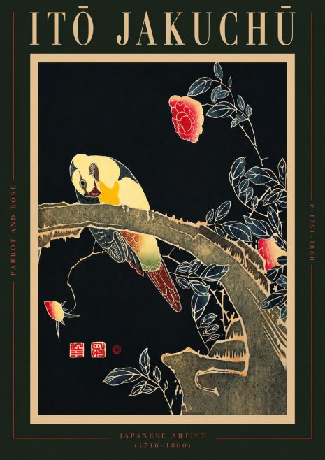 Itō Jakuchū Parrot and Rose No2 - Juliste