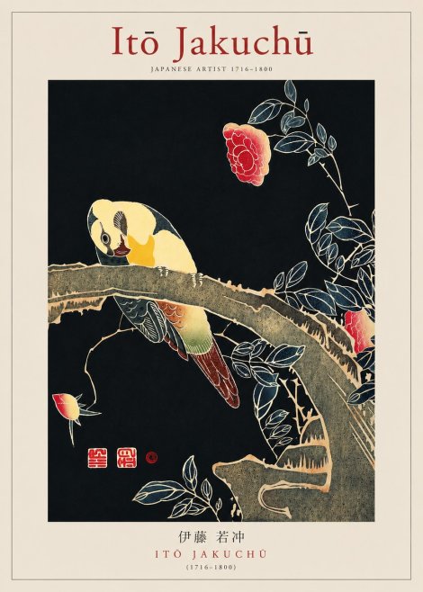 Itō Jakuchū Parrot and Rose No3 - Juliste