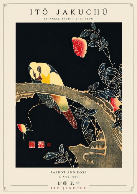 Itō Jakuchū Parrot and Rose No5 - Juliste