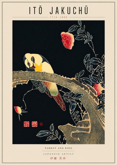 Itō Jakuchū Parrot and Rose No6 - Juliste
