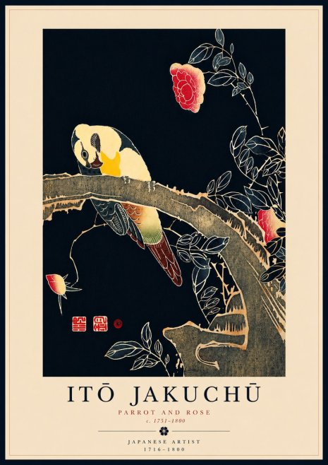 Itō Jakuchū Parrot and Rose No8 - Juliste