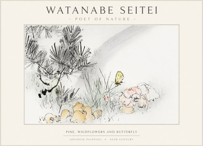 Watanabe Seitei Pine, Wildflowers and Butterfly No1 - Juliste