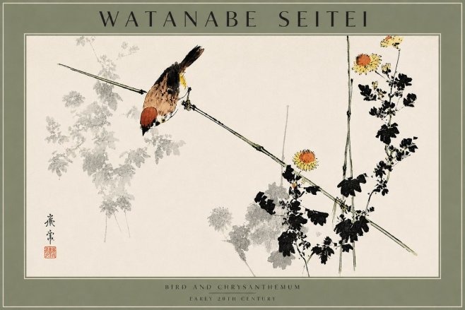 Watanabe Seitei Bird and Chrysanthemum No4 - Juliste