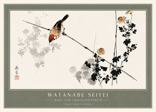 Watanabe Seitei Bird and Chrysanthemum No6 - Juliste