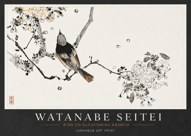 Watanabe Seitei Bird on Blossoming Branch No6 - Juliste