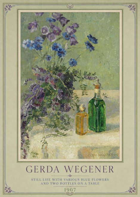 Gerda Wegener Still Life with Various Blue Flowers and Two Bottles on a Table No1 - Juliste