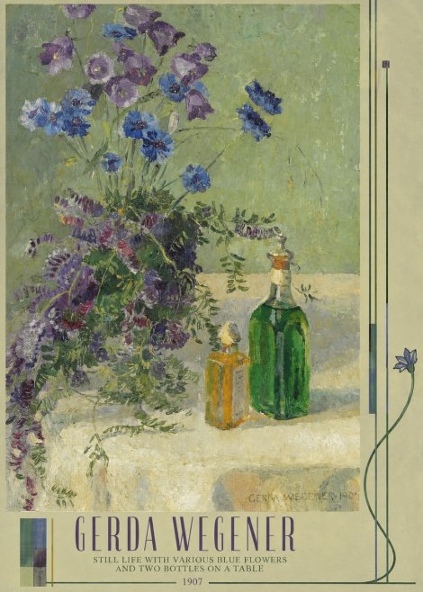 Gerda Wegener Still Life with Various Blue Flowers and Two Bottles on a Table No3 - Juliste