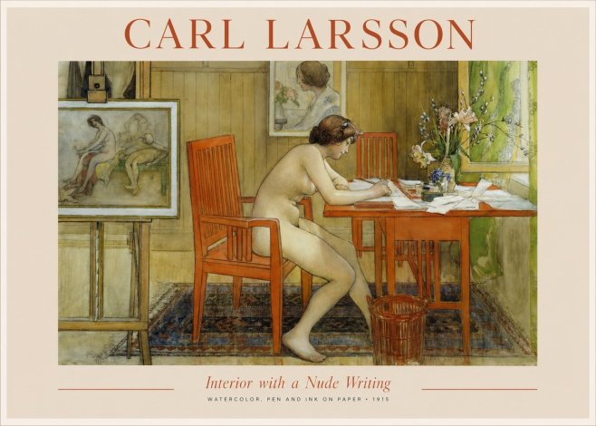 Carl Larsson Interior with a Nude Writing No1 - Juliste