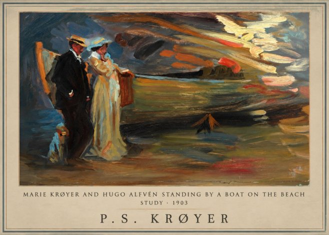 P.S. Krøyer Marie Krøyer and Hugo Alfvén Standing by a Boat on the Beach - Study · 1903 No1 - Juliste