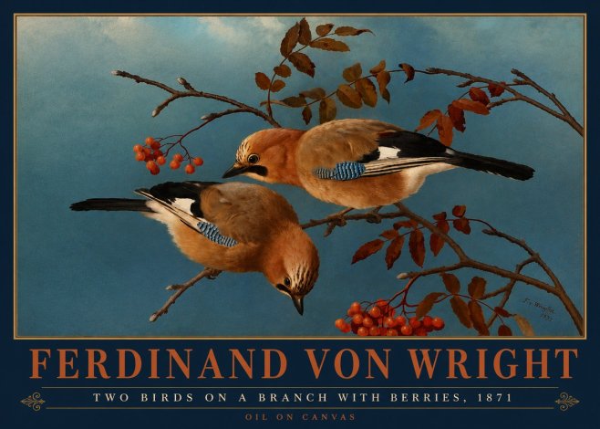 Ferdinand von Wright Two Birds on a Branch with Berries, 1871 No4 - Juliste