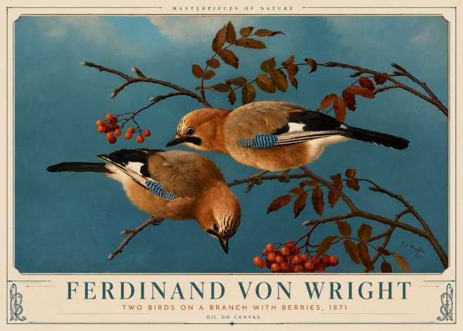 Ferdinand von Wright Two Birds on a Branch with Berries, 1871 No6 - Juliste