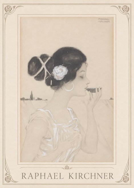 Raphael Kirchner Elegant Lady with Rose and Cup No1 - Juliste