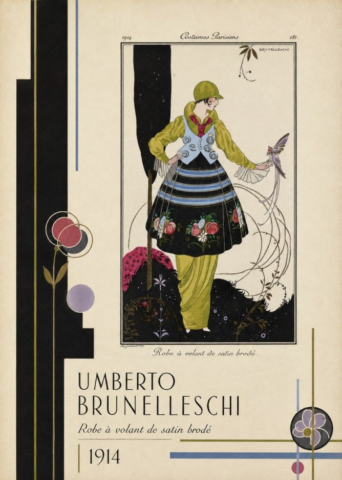 Umberto Brunelleschi Robe À Volant De Satin Brodé No2 - Juliste