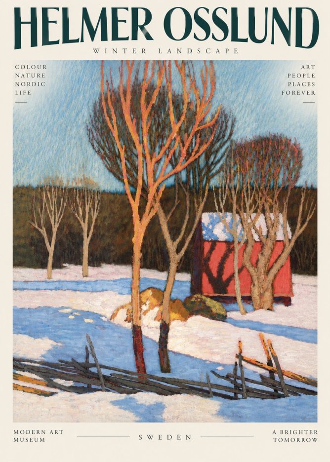 Helmer Osslund Winter Landscape with Red Barn No6 - Juliste