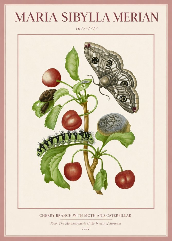 Maria Sibylla Merian Cherry Branch with Moth and Caterpillar No3 - Juliste