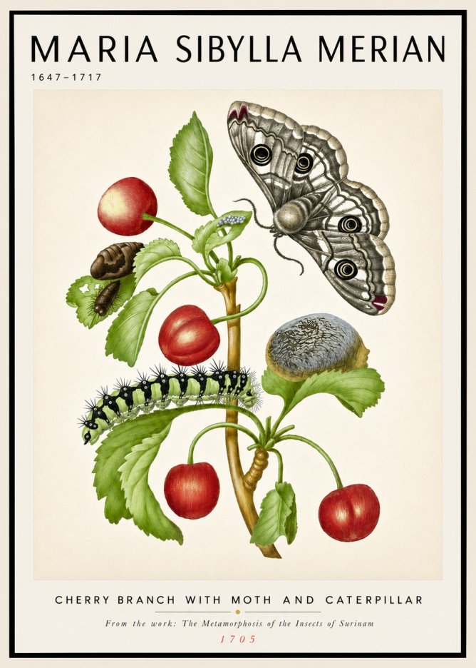 Maria Sibylla Merian Cherry Branch with Moth and Caterpillar No4 - Juliste