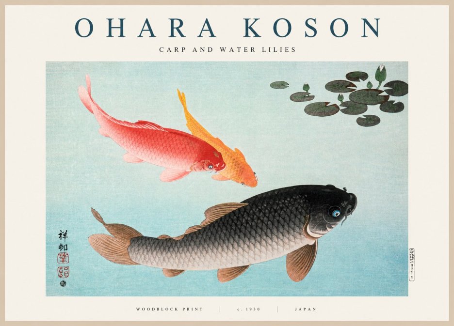 Ohara Koson Carp and Water Lilies No1 - Juliste