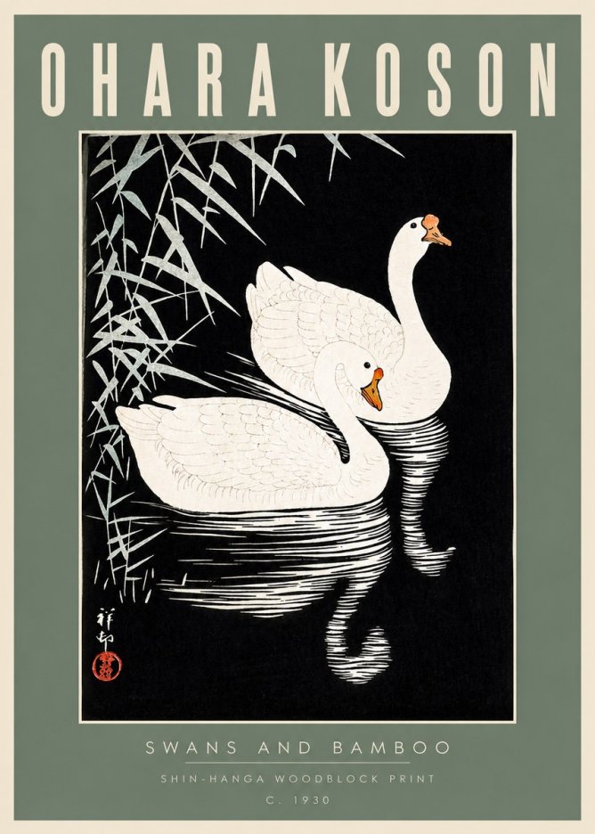 Ohara Koson Swans and Bamboo No2 - Juliste