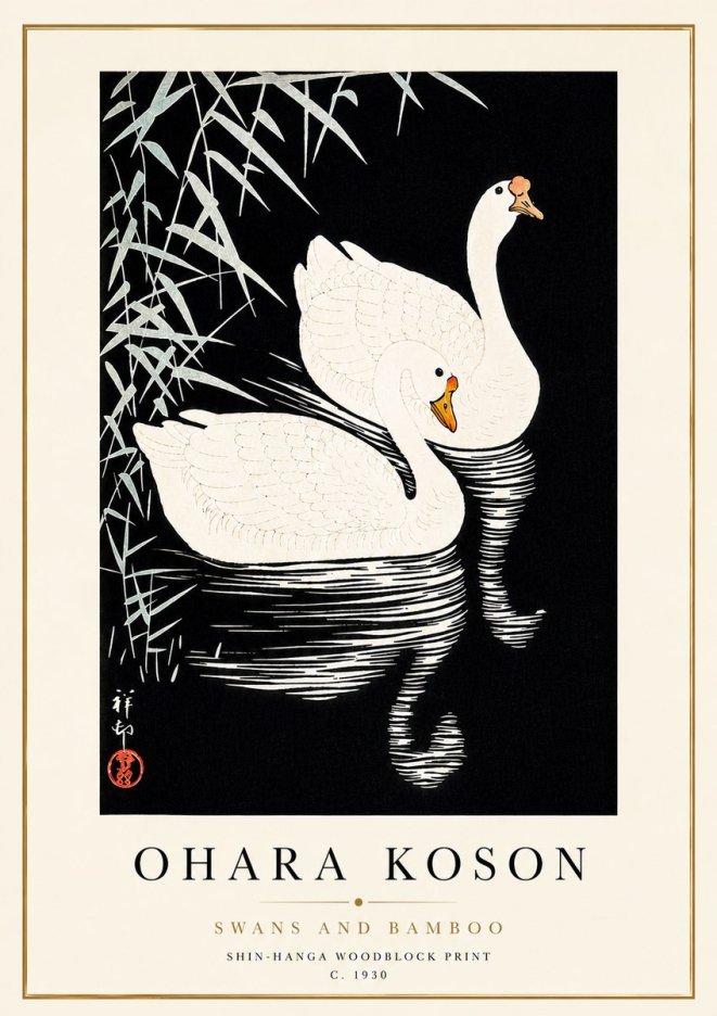 Ohara Koson Swans and Bamboo No5 - Juliste